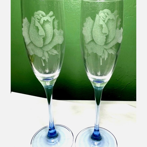 VTG Luminarc cordial glass Wine Glasses Etched rose signed B S blue France RARE